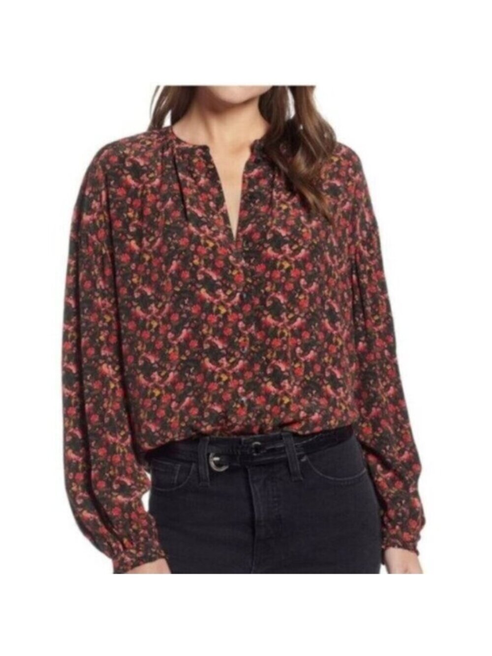 Something Navy Brown Oversized Easy Volume Floral Blouse Size Small